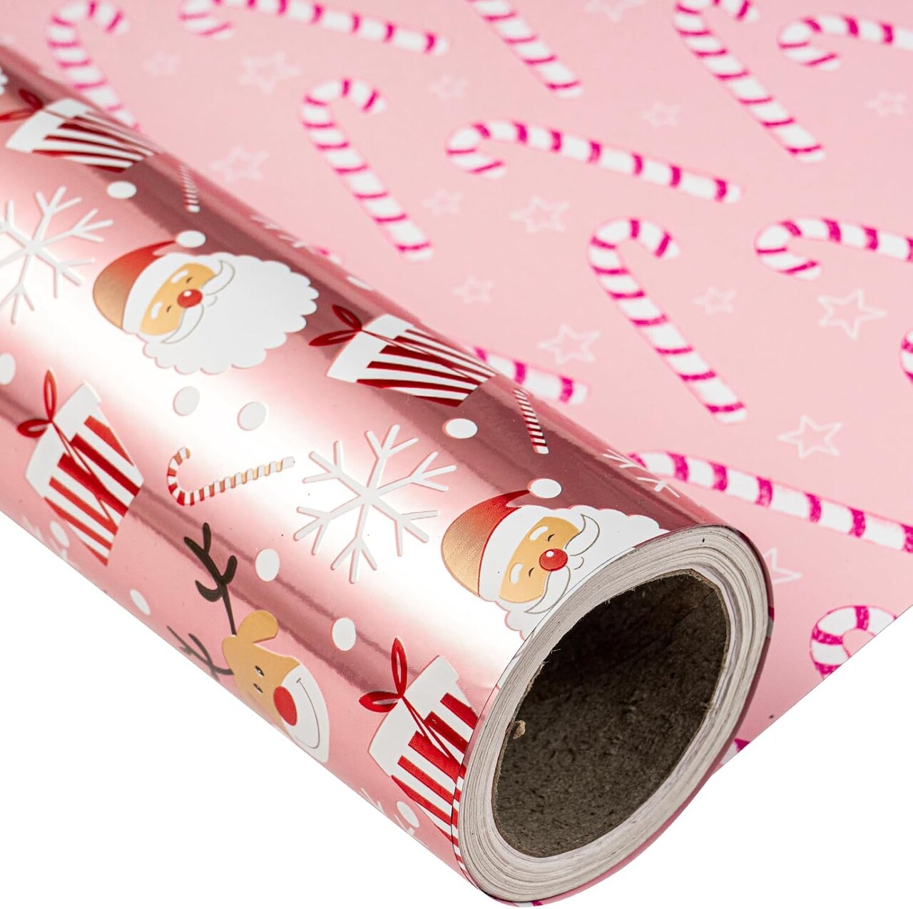 Reversible Christmas Wrapping Paper - Jumbo Roll - Santa Claus & Candy Cane with Metallic Foil in Pink - 24 inches x 100 Feet (200 sq.ft.)